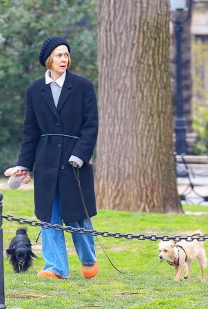Sarah Paulson - On a stroll with her 3 dogs in New York