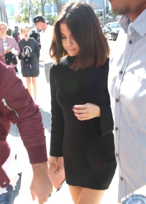 Selena Gomez in Black Mini Dress - Goes to church in LA