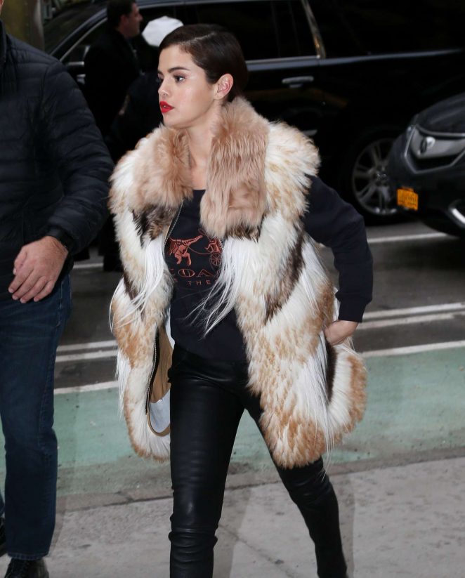 Selena Gomez in Fur Coat - Heads to a recording studio in NYC