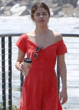 Selena Gomez in Red Long Dress out for a walk in Malibu