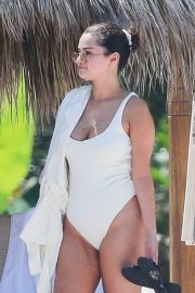 Selena Gomez in White Swimsuit Paddleboarding in Punta Mita