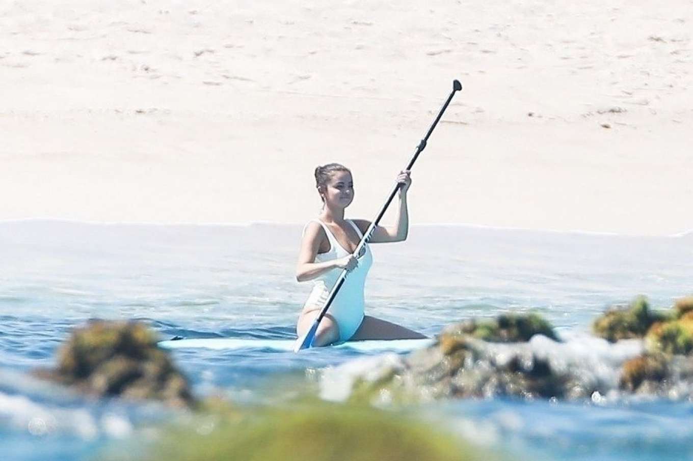 Selena Gomez 2019 : Selena Gomez in White Swimsuit Paddleboarding-30
