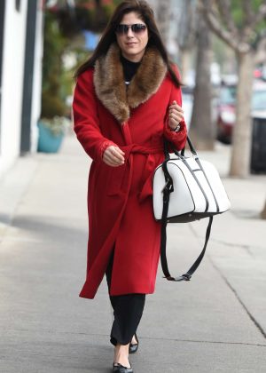 Selma Blair in red coat out in Los Angeles