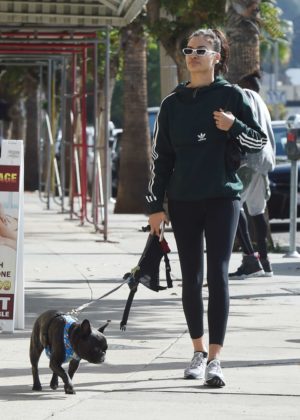 Shanina Shaik in Tights - Walking her dog Choppa in Los Angeles