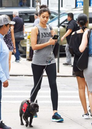 Shanina Shaik in Tights Walking her Dog in New York City