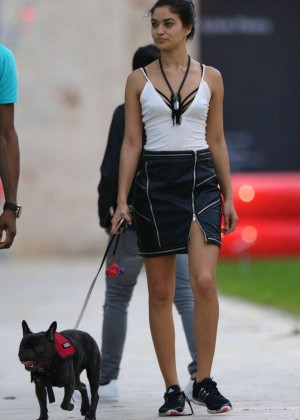 Shanina Shaik walking her dog in in Miami Beach