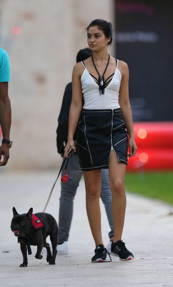 Shanina Shaik walking her dog in in Miami Beach