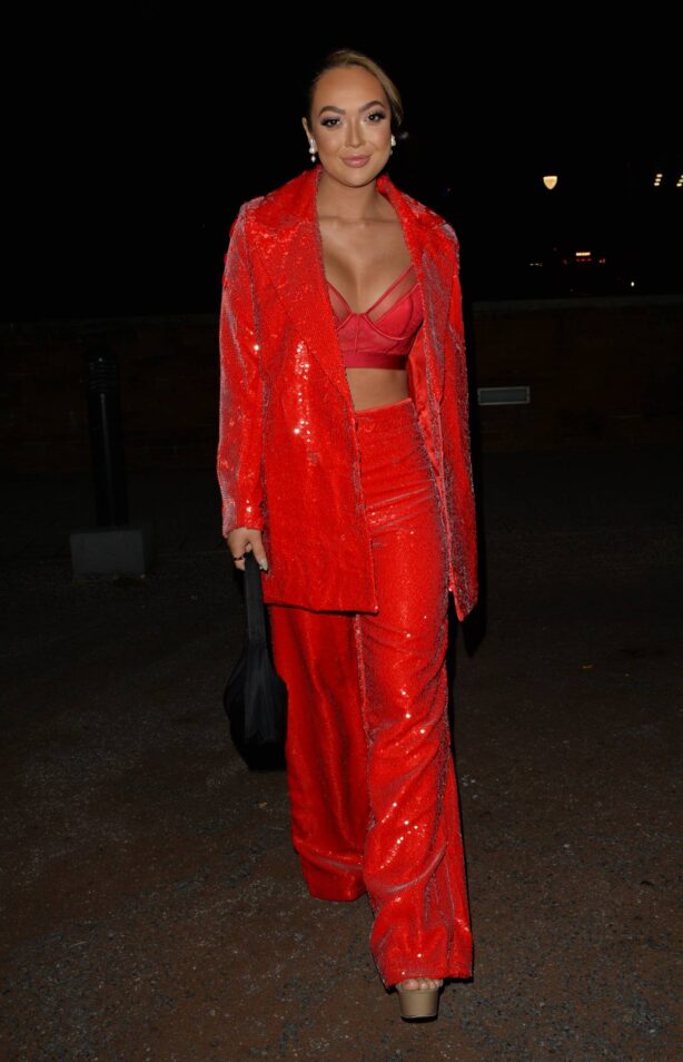 Sharon Gaffka - In all red heading for a night out with friends in Mayfair
