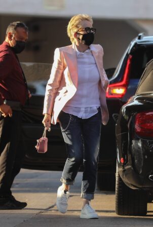 Sharon Stone - Dons a pink blazer and matching pink purse at Toscana Restaurant in Brentwood