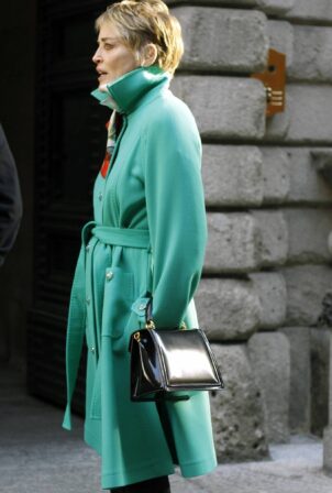 Sharon Stone - In a green coat leaving hotel in Milan