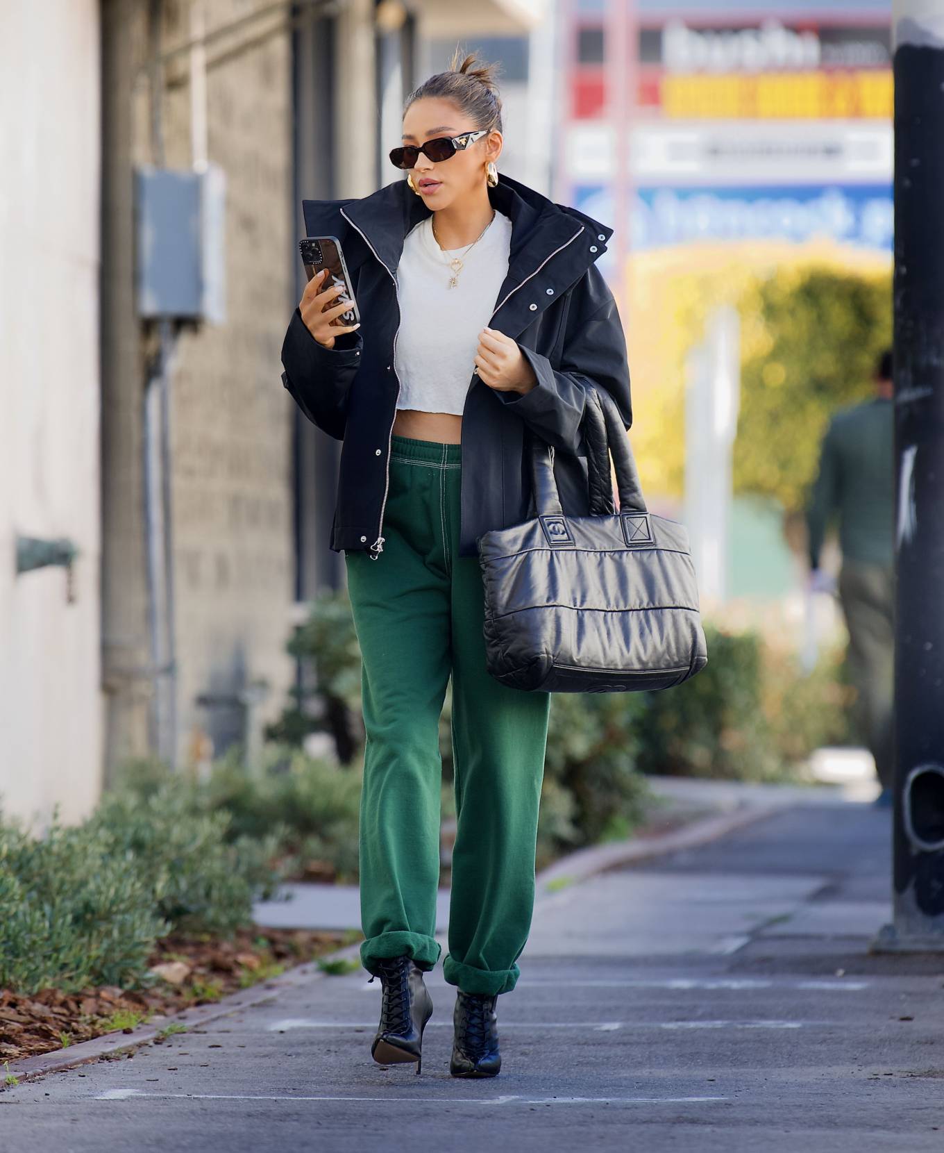 Shay Mitchell 2022 : Shay Mitchell – Wearing Sarah Jessica Parker style rolled up sweatpants with heeled boots in LA-02