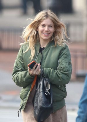 Sienna Miller in Green Jacket Out in New York