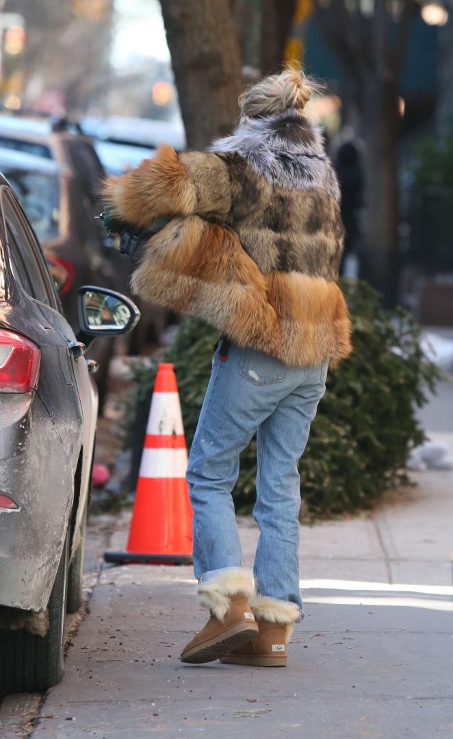 Sienna Miller in Jeans and Fur Coat out in the West Village