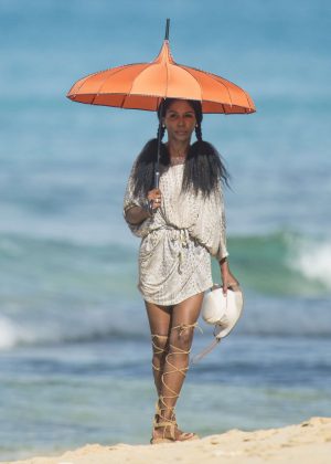 Sinitta at the beach in Barbados