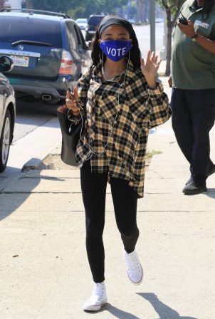 Skai Jackson - Wearing a blue 'Vote' mask at DWTS studio in Los Angeles