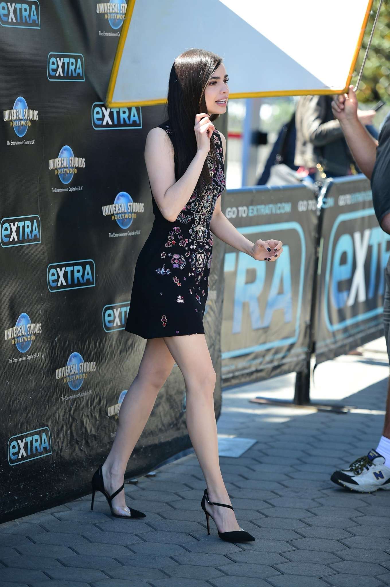 Sofia Carson in Mini Dress at EXTRA in Universal City