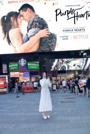 Sofia Carson - Visits the billboard for 'Purple Hearts' in Times Square