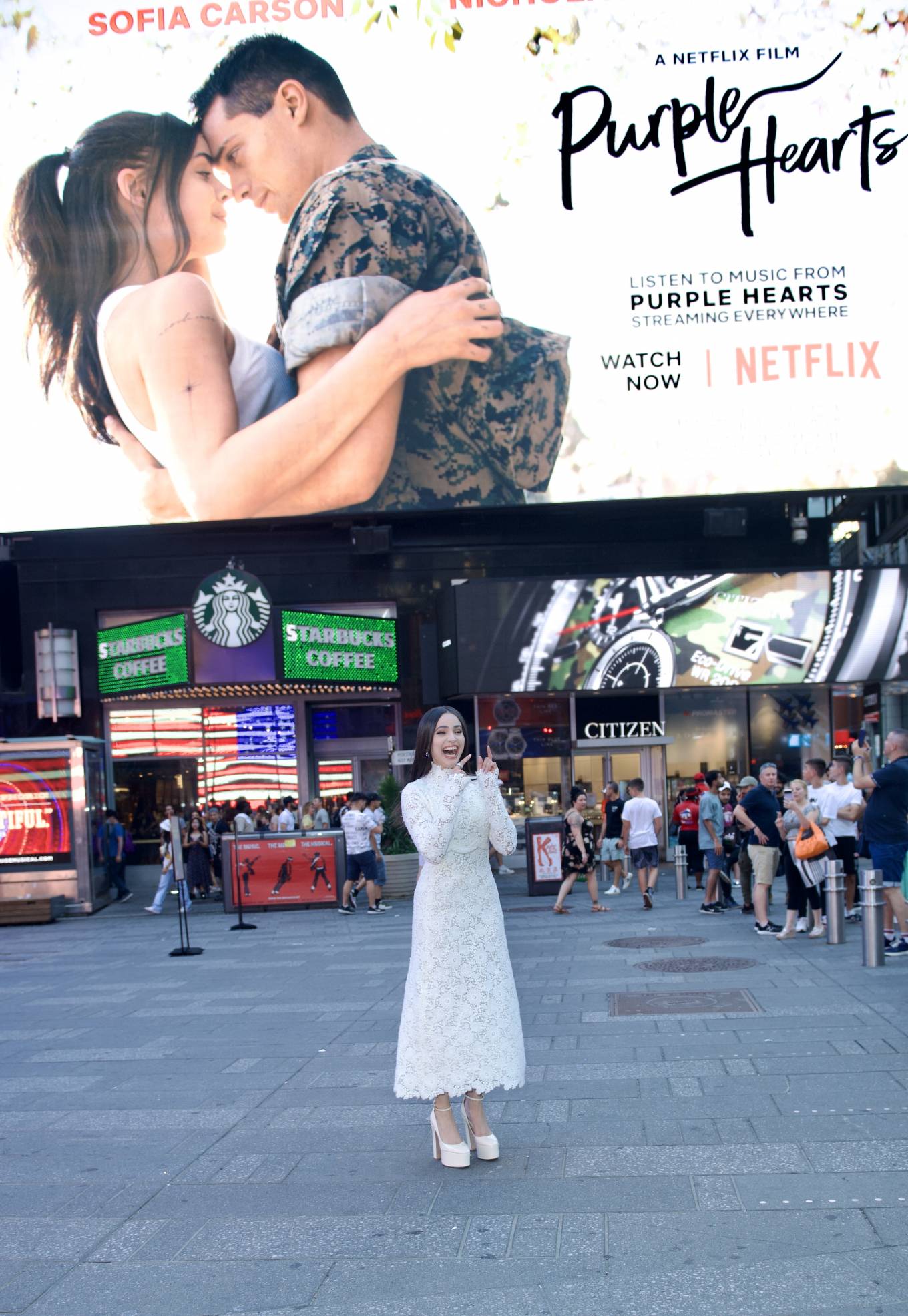 Sofia Carson - Visits the billboard for 'Purple Hearts' in Times Square