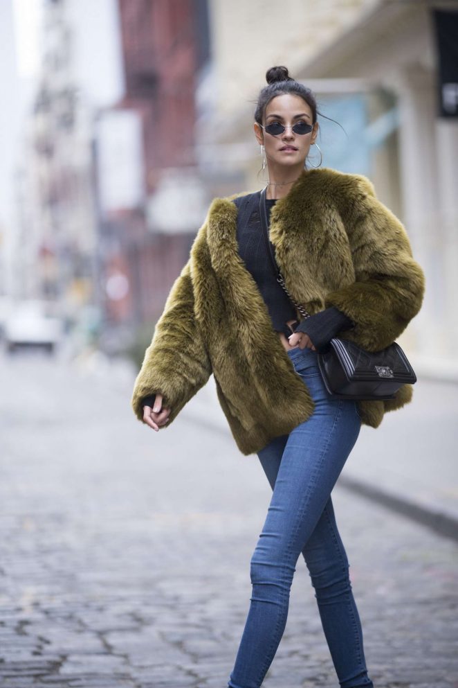 Sofia Resing in Green Fur Coat in Manhattan