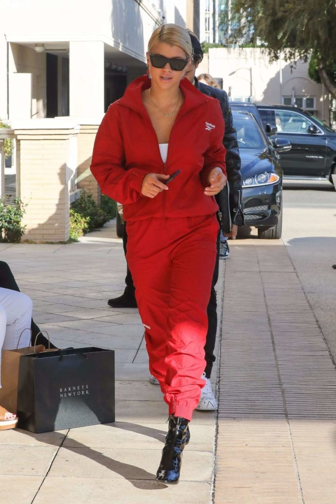 Sofia Richie in a matching red tracksuit out in Beverly Hills