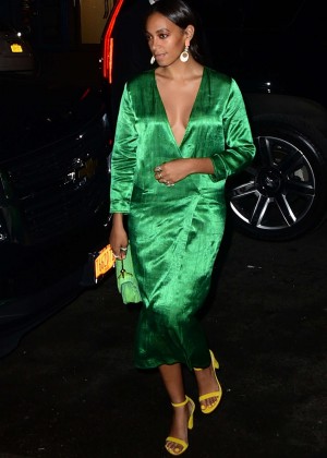 Solange Knowles in Green Dress at Sadelle's in New York