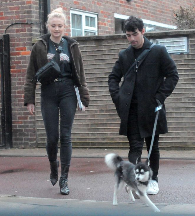 Sophie Turner and Joe Jonas - Walking their dog Porky Basquiat in London