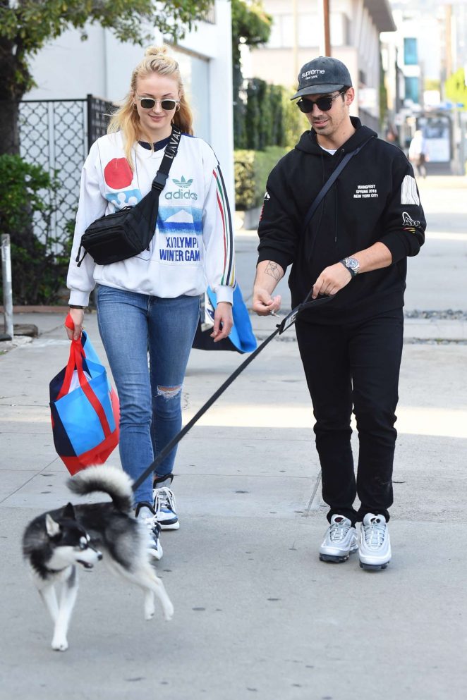 Sophie Turner and Joe Jonas with their dog in Los Angeles