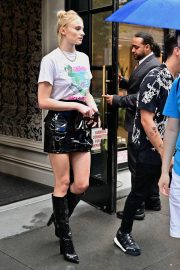 Sophie Turner in Black Mini Skirt and Boots - Out in New York