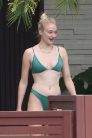 Sophie Turner in Green Bikini at the pool in Miami