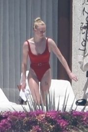 Sophie Turner in Red Swimsuit in Cabo San Lucas