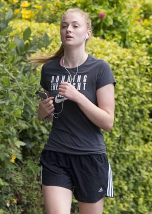 Sophie Turner in Shorts Jogging in London
