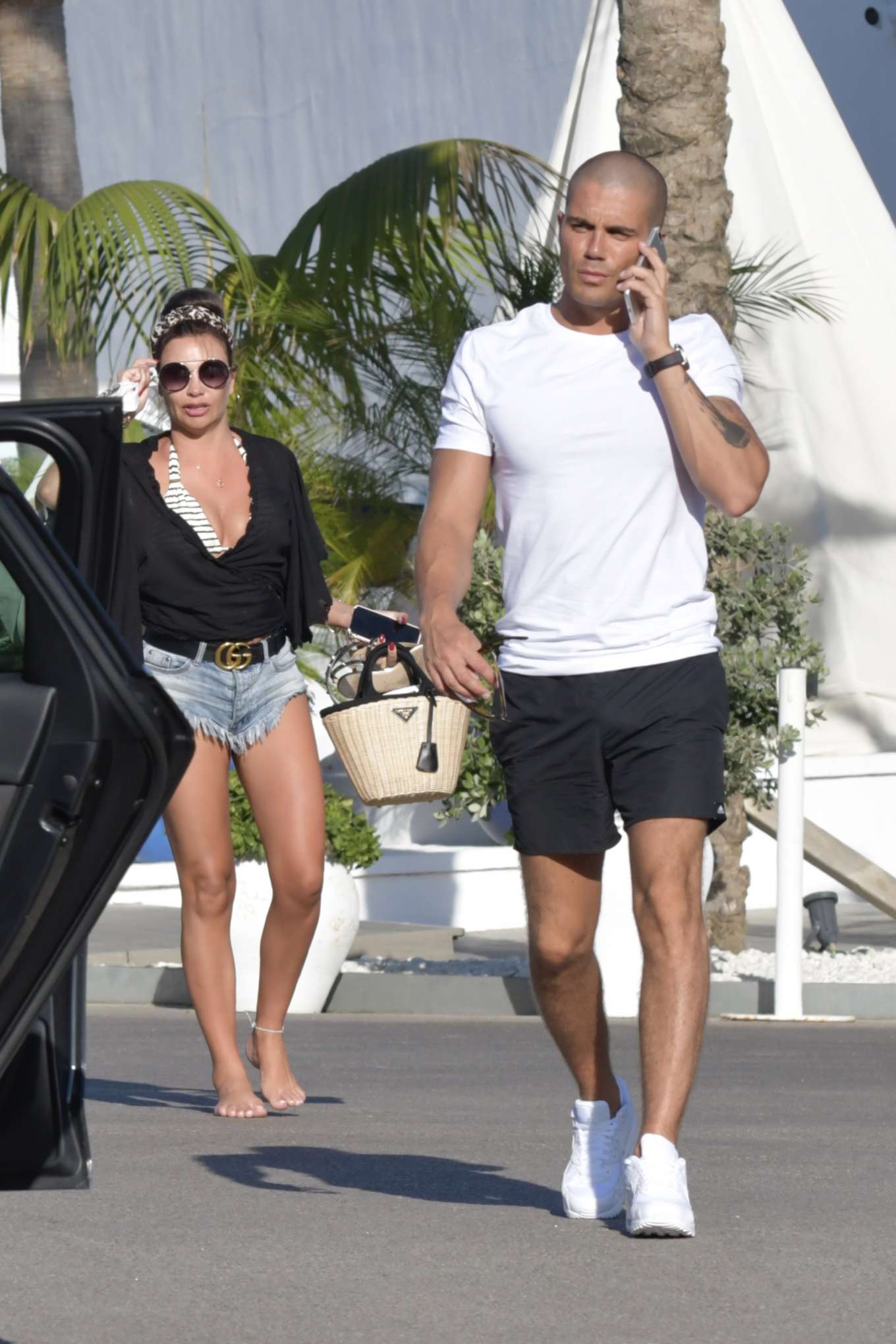 Stacey Giggs in Denim Shorts with Max George out in Marbella