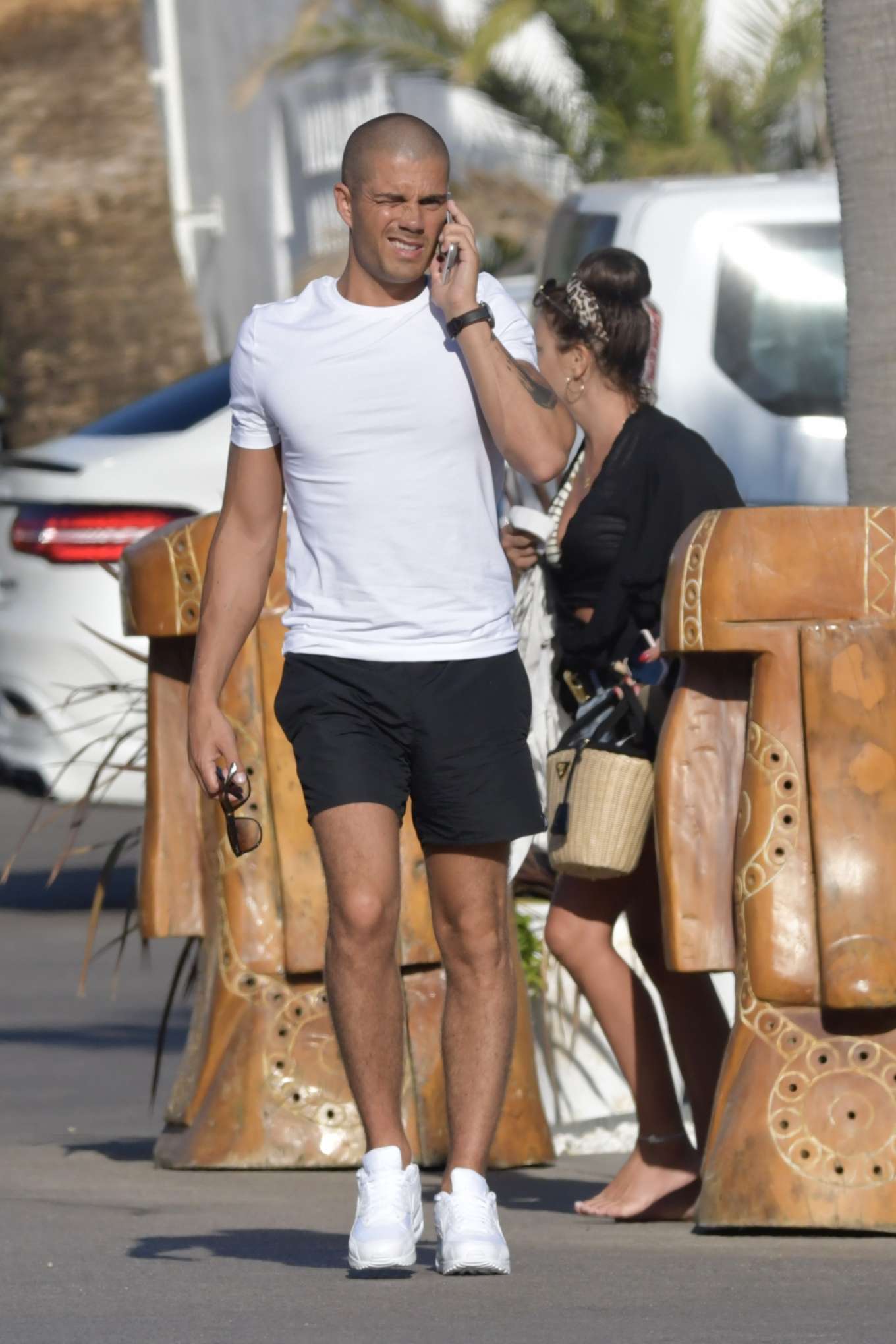Stacey Giggs in Denim Shorts with Max George out in Marbella