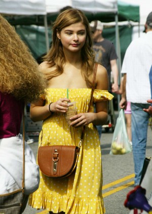 Stefanie Scott in Yellow Dress at Farmers Market in Hollywood