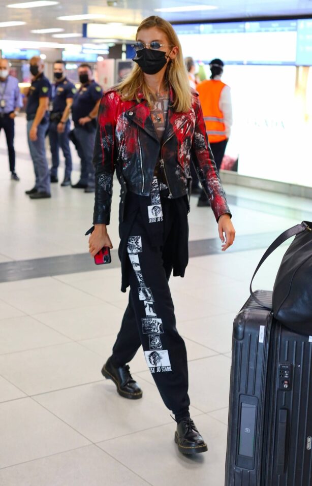 Stella Maxwell - In a black leather jacket as she arrives in Milan