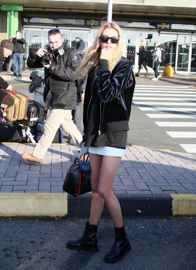 Stella Maxwell in Short Skirt Arrives in Milan