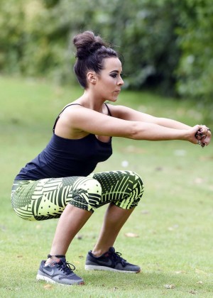 Stephanie Davis in Tights Workout at a park in Manchester