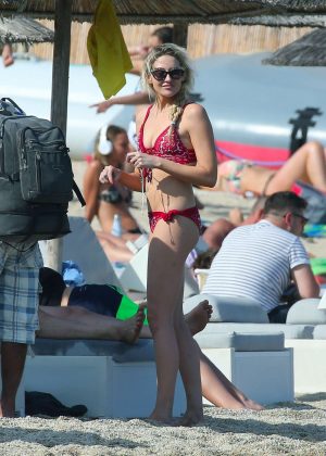 Stephanie Pratt in Red Bikini on the beach in Mykonos