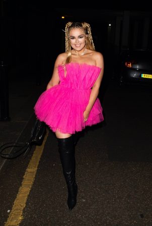 Tallia Storm - Night out in pink dress and thigh-high boots in London