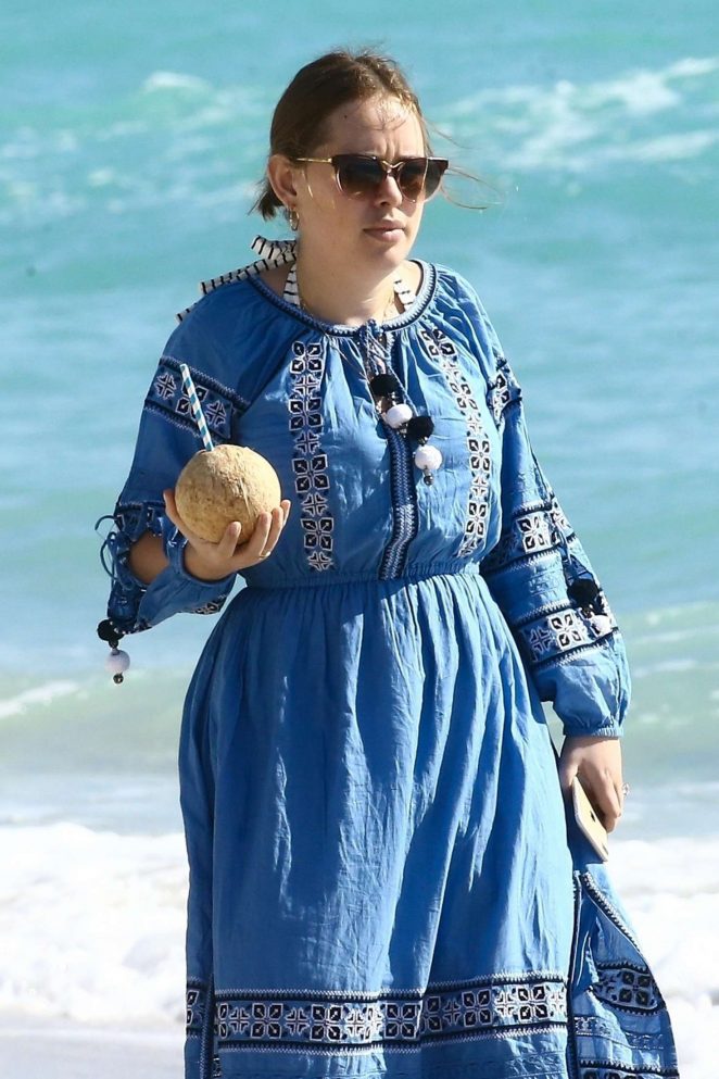 Tanya Burr in Long Dress on the beach in Miami