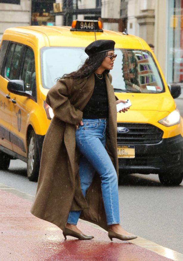 Tessa Thompson - Looking stylish in a black beret and long coat in NYC