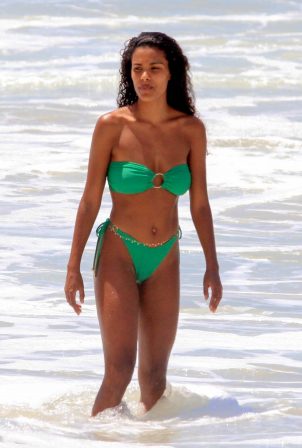 Tina Kunakey - In a green bikini on the beach in Rio de Janeiro