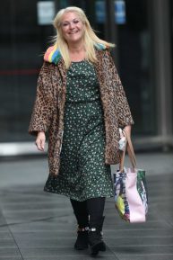 Vanessa Feltz - Leaving BBC studios in animal print coat in London
