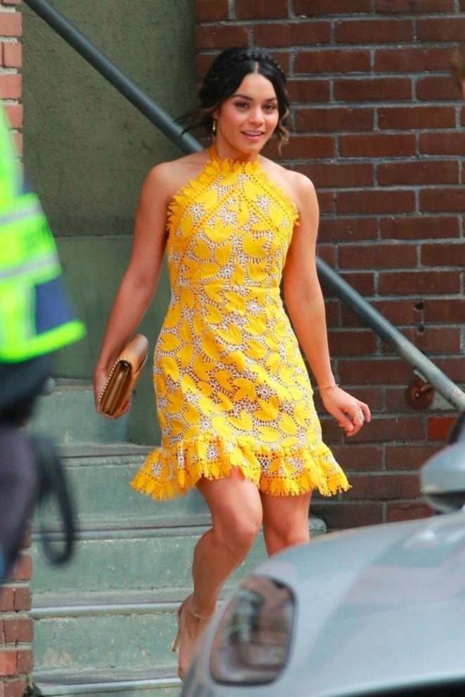Vanessa Hudgens gin Yellow Mini Dress Filming 'Dog Days' in Los Angeles