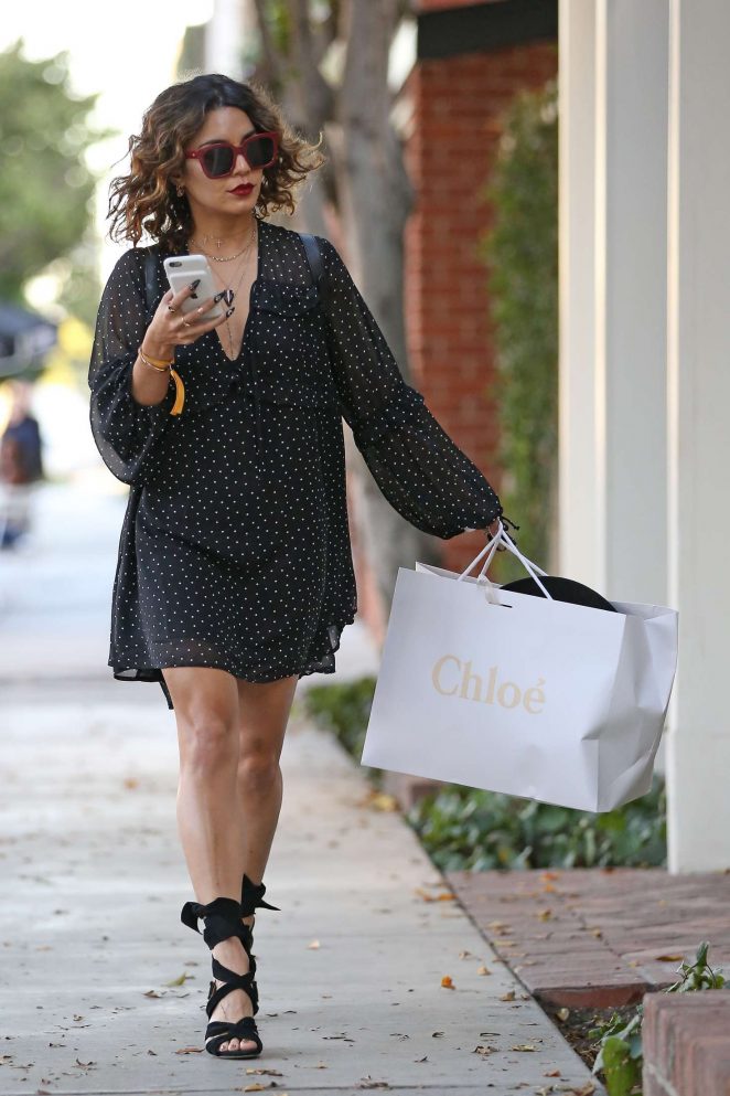 Vanessa Hudgens in a Black Dress Shopping in Beverly Hills