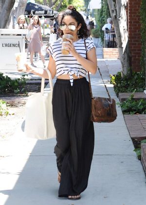 Vanessa Hudgens in Black Pants With Iced Coffee in Los Angeles