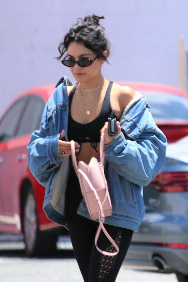 Vanessa Hudgens in Tights and Denim Jacket - Out in LA