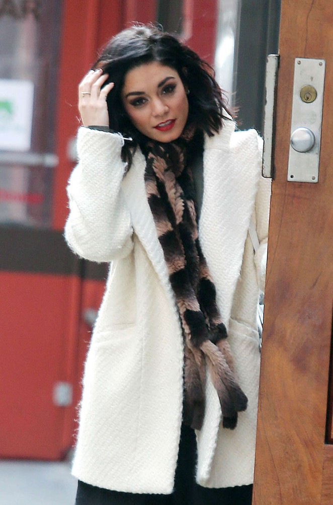 Vanessa Hudgens in White Coat Out in NYC