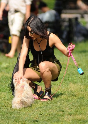 Vanessa Hudgens takes her dog Darla to a park in NYC