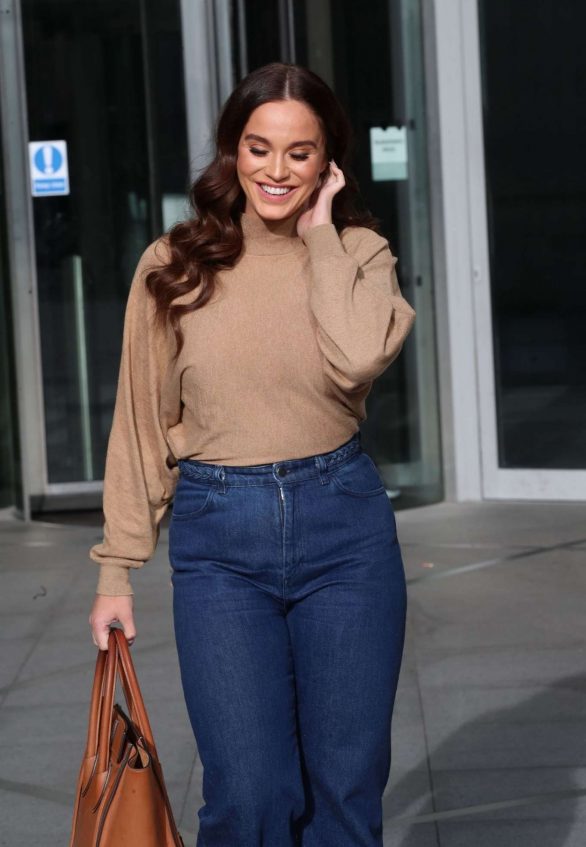 Vicky Pattison in a Beige Top and Denim Jeans out in London